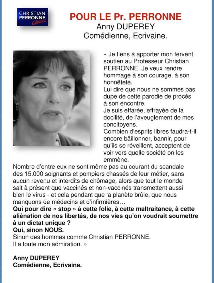 Merci @ Anny Duperey qui a aussi été une fidèle de l’opération sport sur ordonnance que nous avons conduite place de la République tous les dimanches à 11h !
Une des rares voies du monde de la culture et de l’art à défendre les libertés fondamentales !