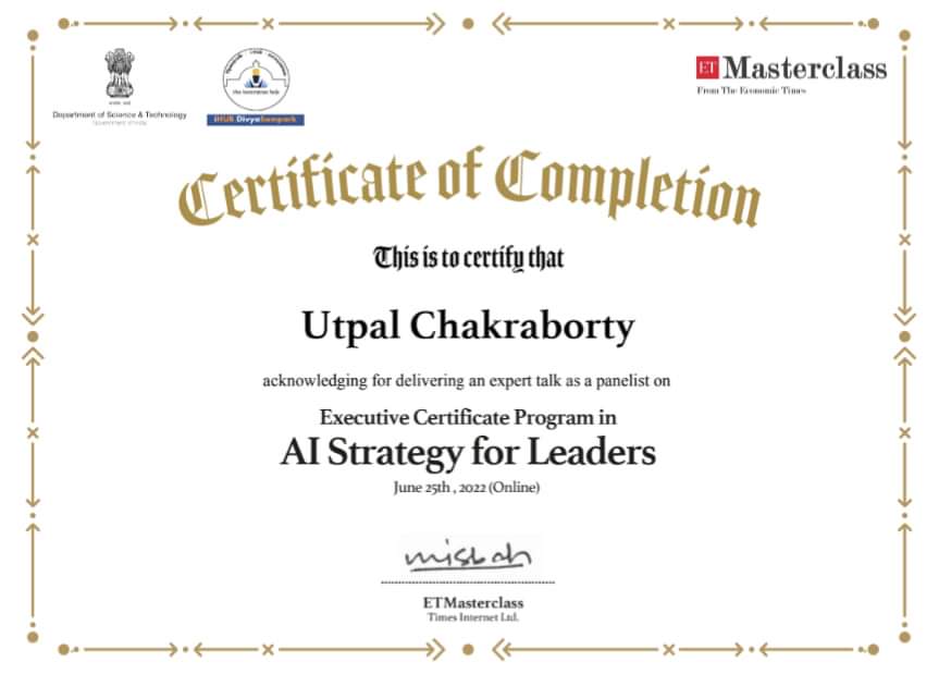 utpal_bob's tweet photo. Awarded Certificate for conducting Expert Sessions on "Executive Certificate Program in AI Strategy for Leaders" by - Indian Institute Of Technology, Roorkee & @etmasterclass
#AI #artificialintelligence #aistrategy #ETMasterclass #IITRoorkee
#Masterclass #AIforindia #india https://t.co/Yv3uLwso5c