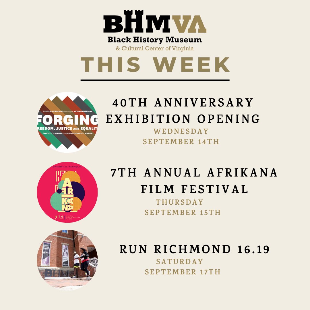It’s a busy week at the museum! 
- 9/14: 40th Anniversary Exhibition, Forging Freedom opens
- 9/15: <a href="/afrikanafest/">Afrikana Film Fest</a> opening night reception &amp; screening of Birth of a Planet
-9/17: Run Richmond 16.19 by <a href="/dhf_org/">Djimon Hounsou Foundation</a>

Registration required for all events! ⬇️
linktr.ee/bhmva