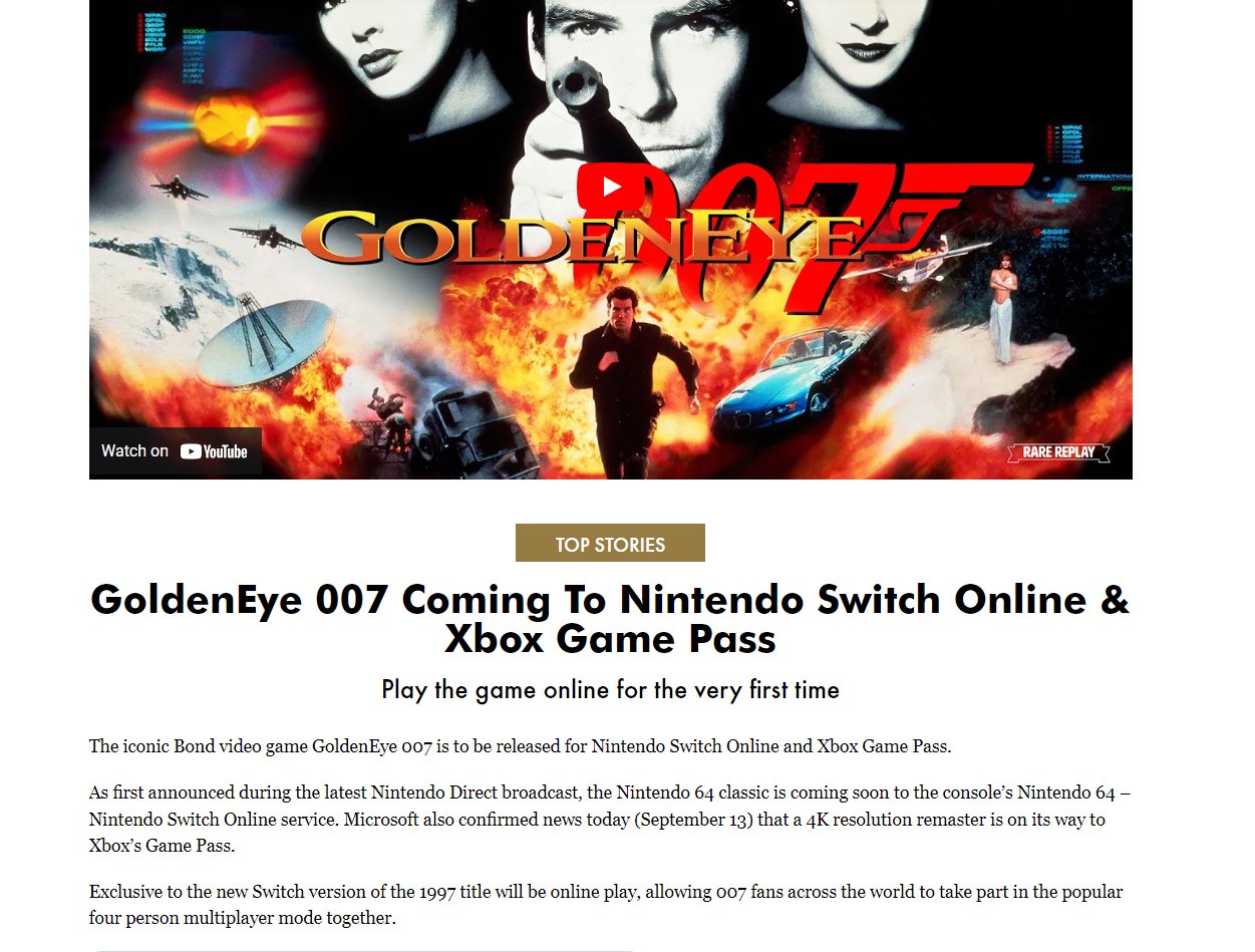 GoldenEye 007: Xbox Game Pass and Switch Online Release Time