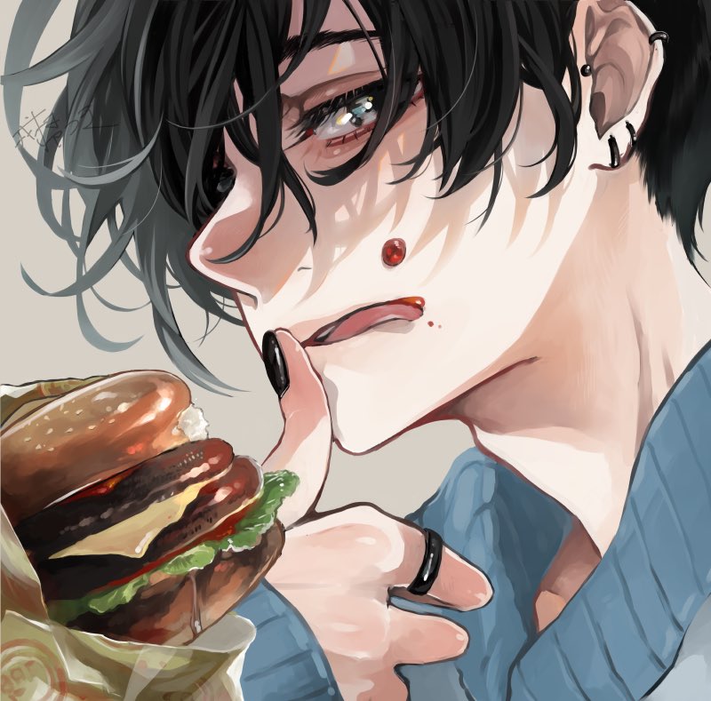 food solo 1boy male focus black hair burger tongue  illustration images