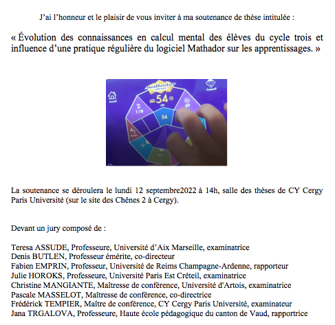 TrouillotEric's tweet photo. Une grande première pour Mathador et son heureux papa, la soutenance d'une thèse sur l'évolution des connaissances en calcul mental et l'apport des versions numériques de #mathador
Félicitations à Isabelle Ludier, nouvelle docteure en didactique des mathématiques !
#maths https://t.co/fUzsrPdu2v