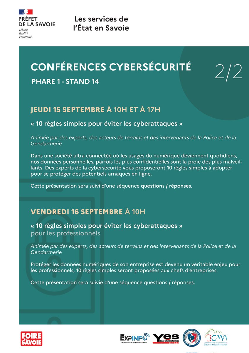 📍 #FoiredeSavoie / Découvrez le programme de nos conférences sur l'environnement et la cybersecurité juste ici ⬇️ RDV sur notre stand au Phare 1 - Stand 14 pour assister à nos conférences ! @ONF_Officiel @pnvanoise @CopiesYes @DDT @Expinfo