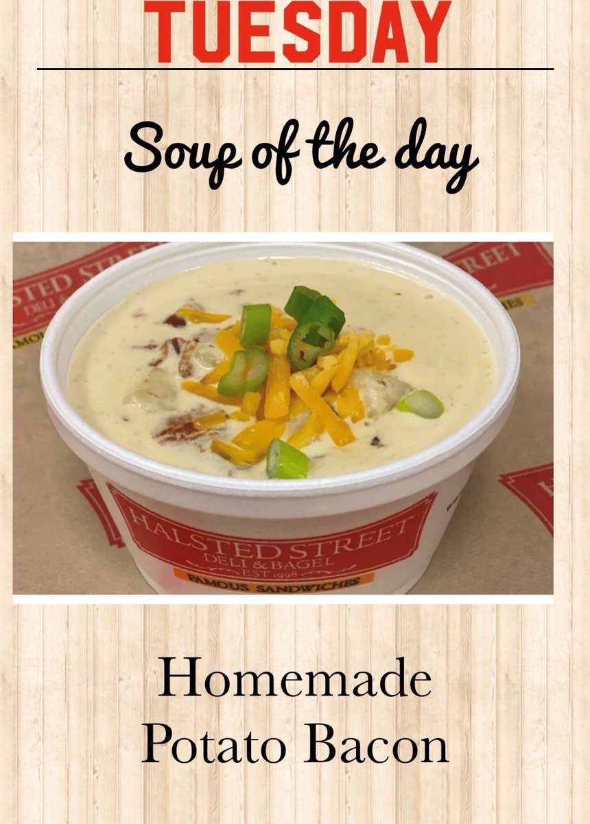 halsted311's tweet photo. Our Homemade Potato Bacon will rival any of your favorites! It is made w/ Alsum baby red potatoes, double smoked Berkshire bacon, fresh sliced green onions topped w/ shredded cheddar &amp; chives. Come try it! #Halsted311 #Chicago #TheLoop  #deli #fresh #catering #PotatoBaconSoup https://t.co/Z9dIfgk6XH