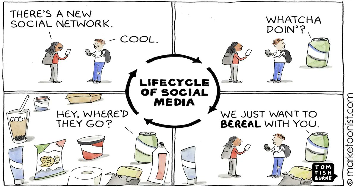 SumTotalMktg's tweet photo. Lifecycle of Social Media cartoon - Marketoonist | Tom Fishburne https://t.co/5J0W1Edtfu https://t.co/HvASOFmpHH