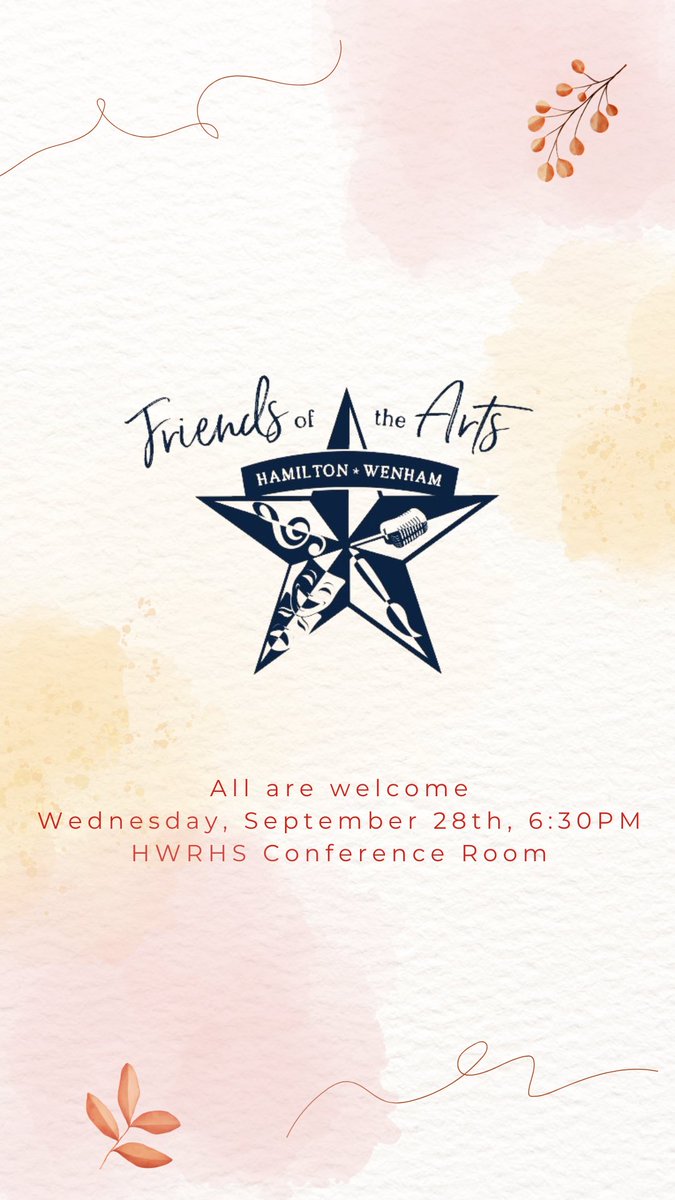 Save the date! HW FOTA meeting, Wed. 9/28, 6:30 to 8 p.m., in the high school conference room (off the lobby). Join us to learn more about how we can work together to support arts education in our schools. <a href="/etracyhw/">Eric Tracy</a> <a href="/mslosee/">Kirsten Losee</a> <a href="/WinthropEagle/">WinthropSchool</a> @CutlerSchool <a href="/BukerSchool/">Buker School</a>