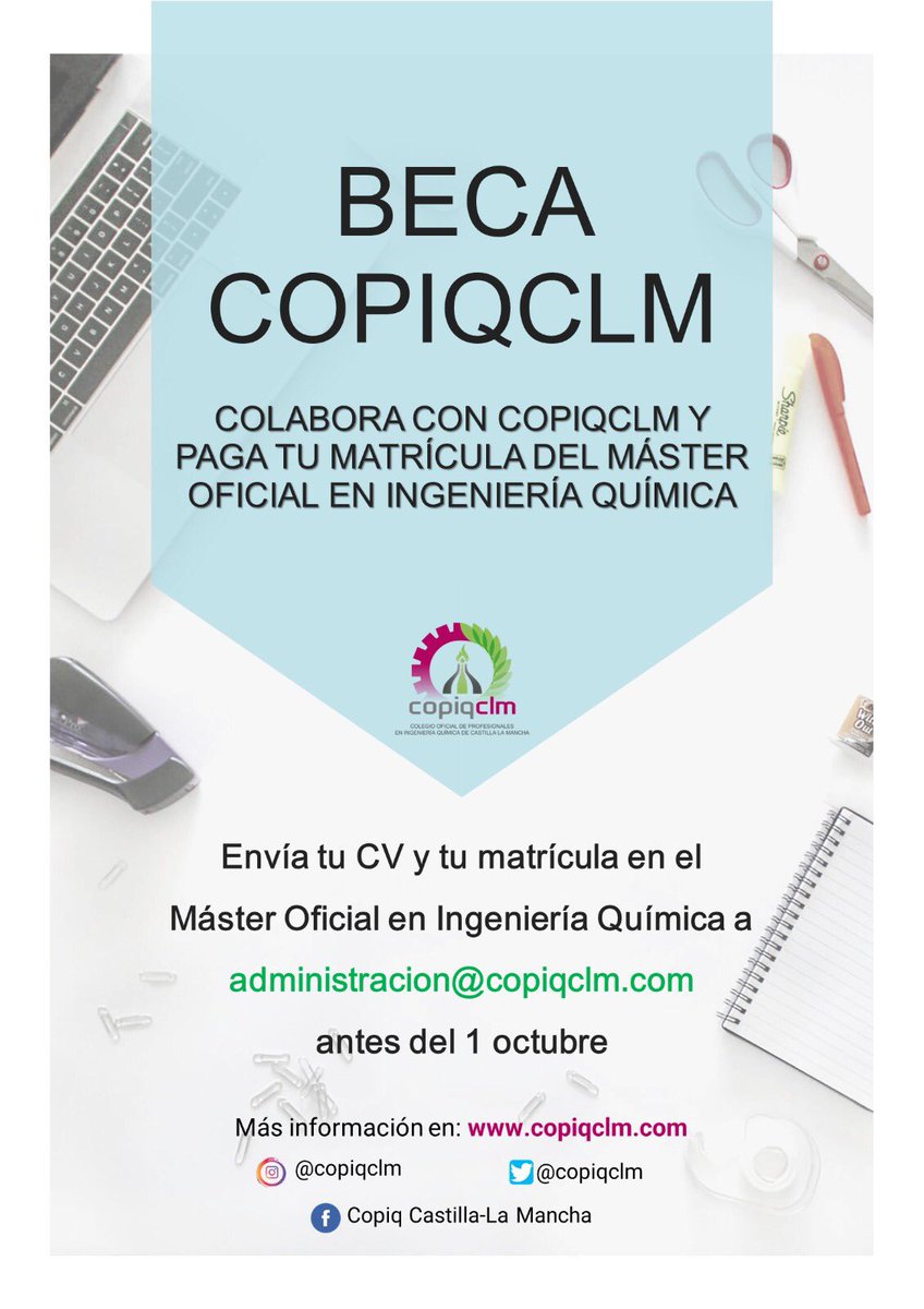 COPIQCLM's tweet photo. Un año más desde el COPIQCLM lanzamos nuestra Beca de Colaboración con el Máster Oficial de Ingeniería Química de la Universidad de Castilla-La Mancha. 

Financiamos hasta el 100% del coste de la matrícula del Máster a un@ de sus alumn@s durante el curso académico 2022/2023. https://t.co/mVSB7FpWH4
