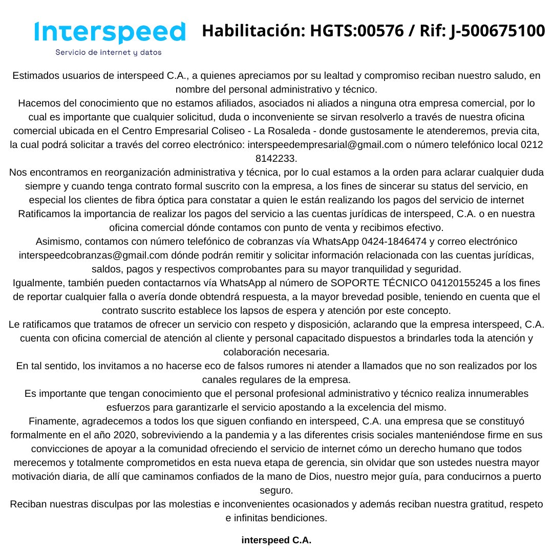 interspeedve's tweet photo. Comunicado de interspeed C.A. https://t.co/7WWyCdFeY3