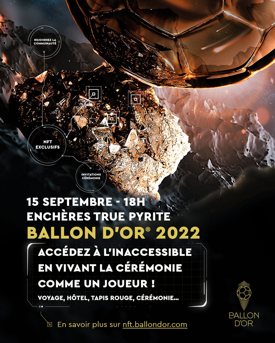 lequipe's tweet photo. 🌟 Accédez à l'inaccessible en vivant la cérémonie comme un joueur

Pour participer :
Enchères True Pyrite
15 septembre - 18h
https://t.co/OIGzjGsvKx

#ballondor #tezos https://t.co/lJ08PVINON