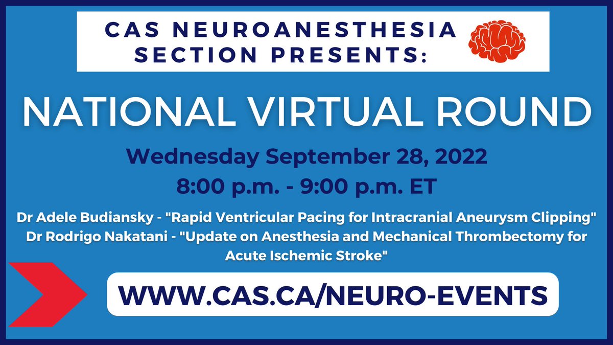Canadian Anesthesiologists' Society (@casupdate) on Twitter photo The CAS Neuroanesthesia Section will host its second National Virtual Round of 2022 on Sep. 28. The series is a key part of the sections goal to promote education in neuroscience and neuroanesthesia at the national level.
<a href="/cas_neuro/">CAS Neuro Section</a> <a href="/rod_nakat/">Rodrigo N.</a>
Details - cas.ca/neuro-events The CAS Neuroanesthesia Section will host its second National Virtual Round of 2022 on Sep. 28. The series is a key part of the sections goal to promote education in neuroscience and neuroanesthesia at the national level.
<a href="/cas_neuro/">CAS Neuro Section</a> <a href="/rod_nakat/">Rodrigo N.</a>
Details - cas.ca/neuro-events