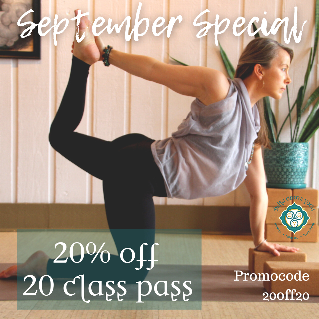 Are you looking to make yoga part of your routine? 🧘 <a href="/DeltaGrooveYoga/">Delta Groove Yoga</a> is making it easy! For the whole month of September, you can get 20% off of 20 classes. You can redeem these classes anytime in the next year. Check out their page to learn more!