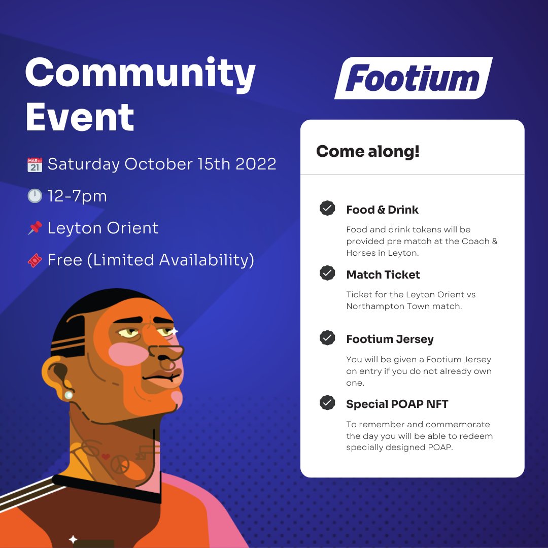 🎉As we build up to our full launch by the end of this year, we thought it would be a great opportunity to trial our first in-person Footium event!

⚽️ Come and join the team and meet community members for food, drink &amp; a <a href="/leytonorientfc/">Leyton Orient FC</a> match next month.