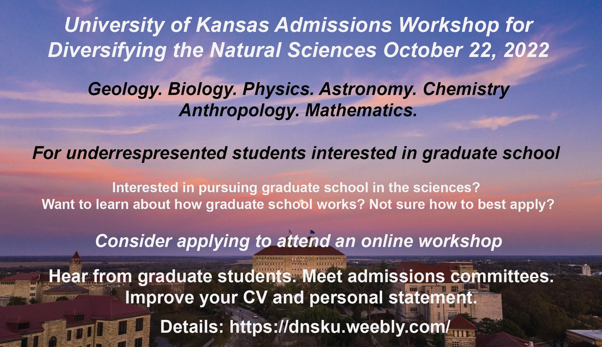 KU_EEB's tweet photo. Do you know someone that might be interested in graduate school in the natural sciences, but they don't know what graduate school is all about? This online workshop run by several KU sci. departments is meant to demystify graduate school and admissions. Please share and RT! https://t.co/9pqd1CUgtc