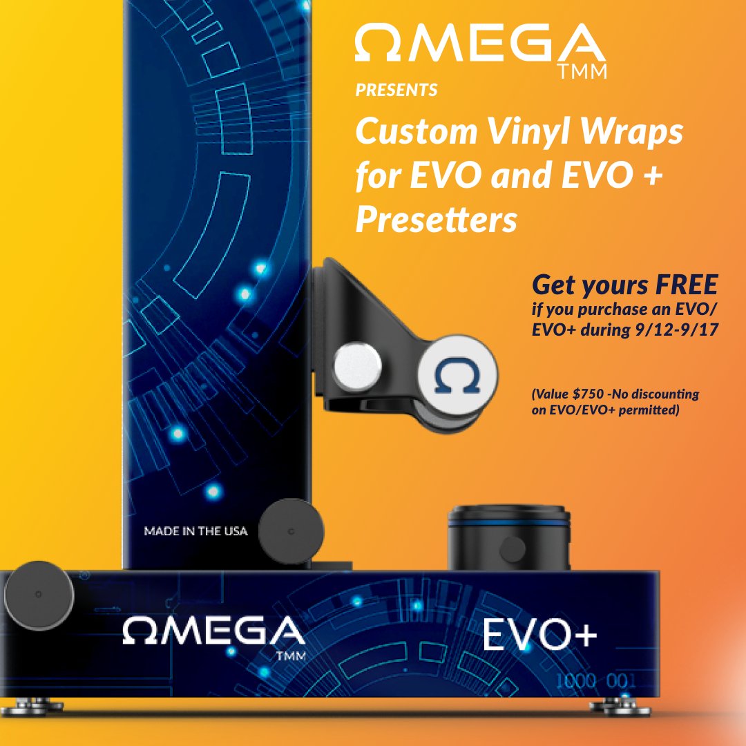 Omega_TMM's tweet photo. NEW! Add custom styles to your EVO or EVO+. During IMTS2022 ONLY (9/12-9/17) receive a FREE custom vinyl wrap if you purchase an EVO or EVO+ presetter ($750 value).
West Building, Level 3, Booth # 432220.
#IMTS2022 #OmegaTMM #ToolMeasuring #MadeintheUSA #EVO #EVO+ https://t.co/y8XidtqaI4