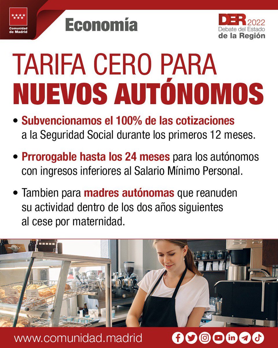 ComunidadMadrid's tweet photo. 0⃣ La #TarifaCero para los nuevos autónomos beneficiará a cerca de 30.000 madrileños.

✅ Somos la región de los emprendedores: en la Comunidad de Madrid trabajan más de 413.000 autónomos, cifra récord en la serie histórica.

#DER2022Madrid

+Info: https://t.co/EMCzcsv9mx https://t.co/4g38YakjOh