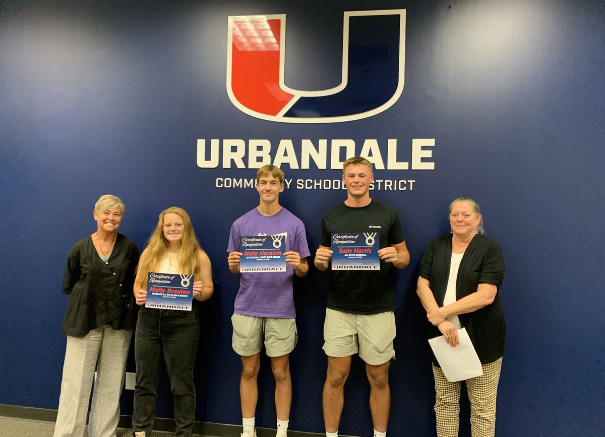 During the Sept 12 School Board meeting, the Board recognized <a href="/UHS_UCSD/">UrbandaleHighSchool</a> Molly Braaten for Girls Soccer Academic All-State, recent grad Nate Hersom for 1st Team All-State Boys Soccer &amp; Academic All-State Boys Soccer, &amp; Sam Harris for All-State Baseball!