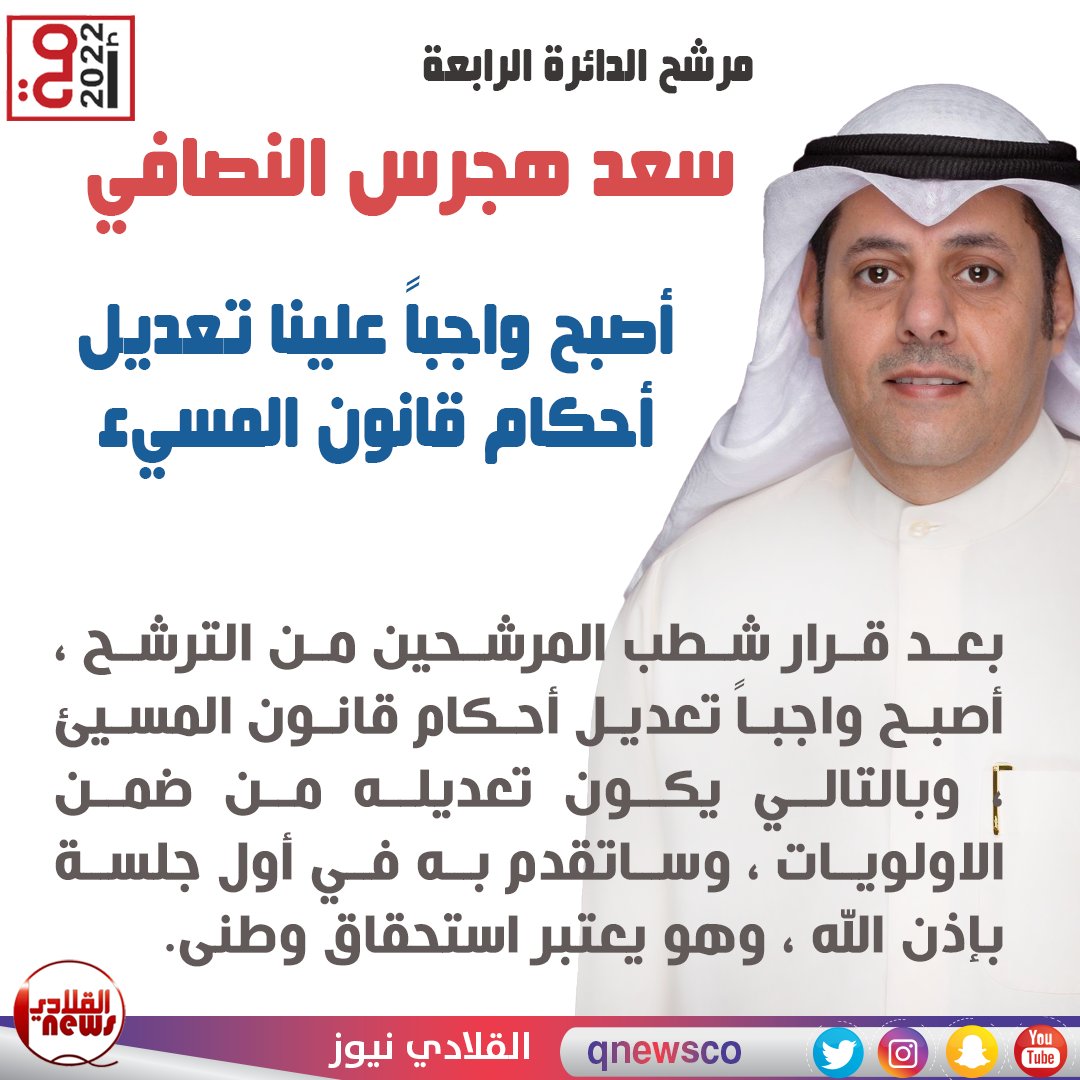 #الكويت
#مجلس_الامة
#امه2022
#الرشايدة
#الدايره_الرابعه
#سعد_هجرس_النصافي 
النصافي بعد قرار شطب بعض المرشحين اصبح علينا واجب تعديل احكام قانون المسيء