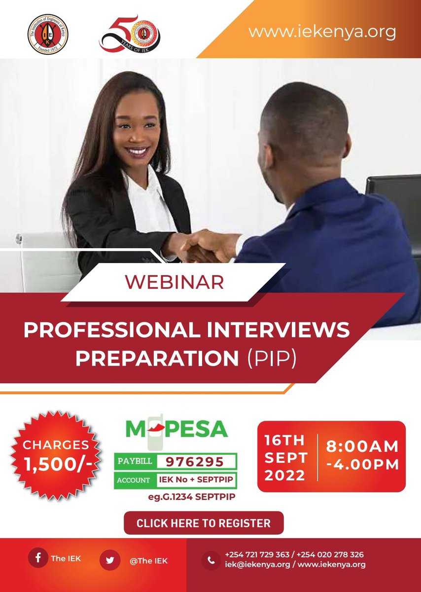 TheIEK's tweet photo. We will have a Professional Interviews Preparation webinar this Friday the 16th of September 2022 from 8am-4pm. To register:
https://t.co/ftYkB6vyOQ
@EngineersBoard 
#PIP https://t.co/SX51d0SHB8