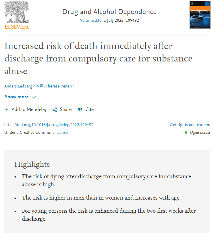 New evidence that forced substance use treatment (like other forms of incarceration) causes sharply elevated risk of death post-release, largely from overdose. Published in @DrugAlcoholDep sciencedirect.com/science/articl…