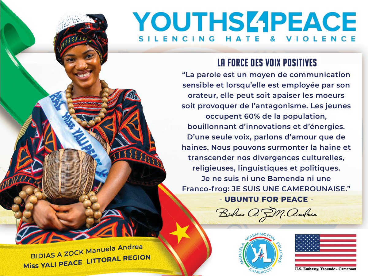 MWFCameroon's tweet photo. Mr &amp; Miss YALI Peace Advocacy Award contest!!
Read Bidias A Zock Manuela Andrea's (Littoral Region) inspiring message for peace and vote for her as Miss YALI Peace Cameroon. 
Vote her by liking, replying and retweeting
#237youth4Peace
@USEmbYaounde https://t.co/TNgzjYh7aK