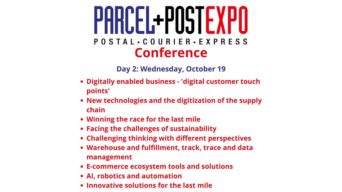 #ParcelPostEXPO: Wednesday, October 19

Book your conference pass (early bird booking rate applies): bit.ly/3QKjhCW #ParcelPostEXPO