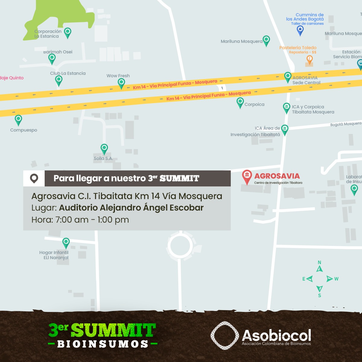 asobiocol's tweet photo. Ya sabe cómo llegar?
📍Agrosavia C.I Tibaitata Km 14 Vía Mosquera.
Auditorio Alejandro Ángel Escobar. Hora:7:00 am - 1:00 pm
Nos vemos este Jueves.
#Asobiocol #Suelos #Colombia #ManejoIntegradoDePlagas #CultivosProductivos #Controlbiologico #ScientiColombia #Biologíaaplicada https://t.co/QYPfRDuUwp