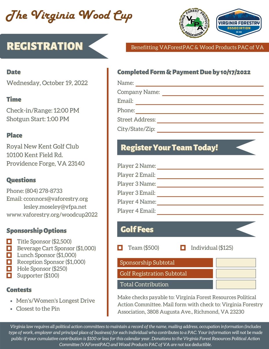 On Oct. 19, VFA and VFPA will host the first-ever Virginia Wood Cup golf tournament at Royal New Kent Golf Club in Providence Forge, VA, with proceeds benefiting the VA Forest Resources PAC and the Wood Products PAC of VA.
Register: vaforestry.org/2022woodcup
