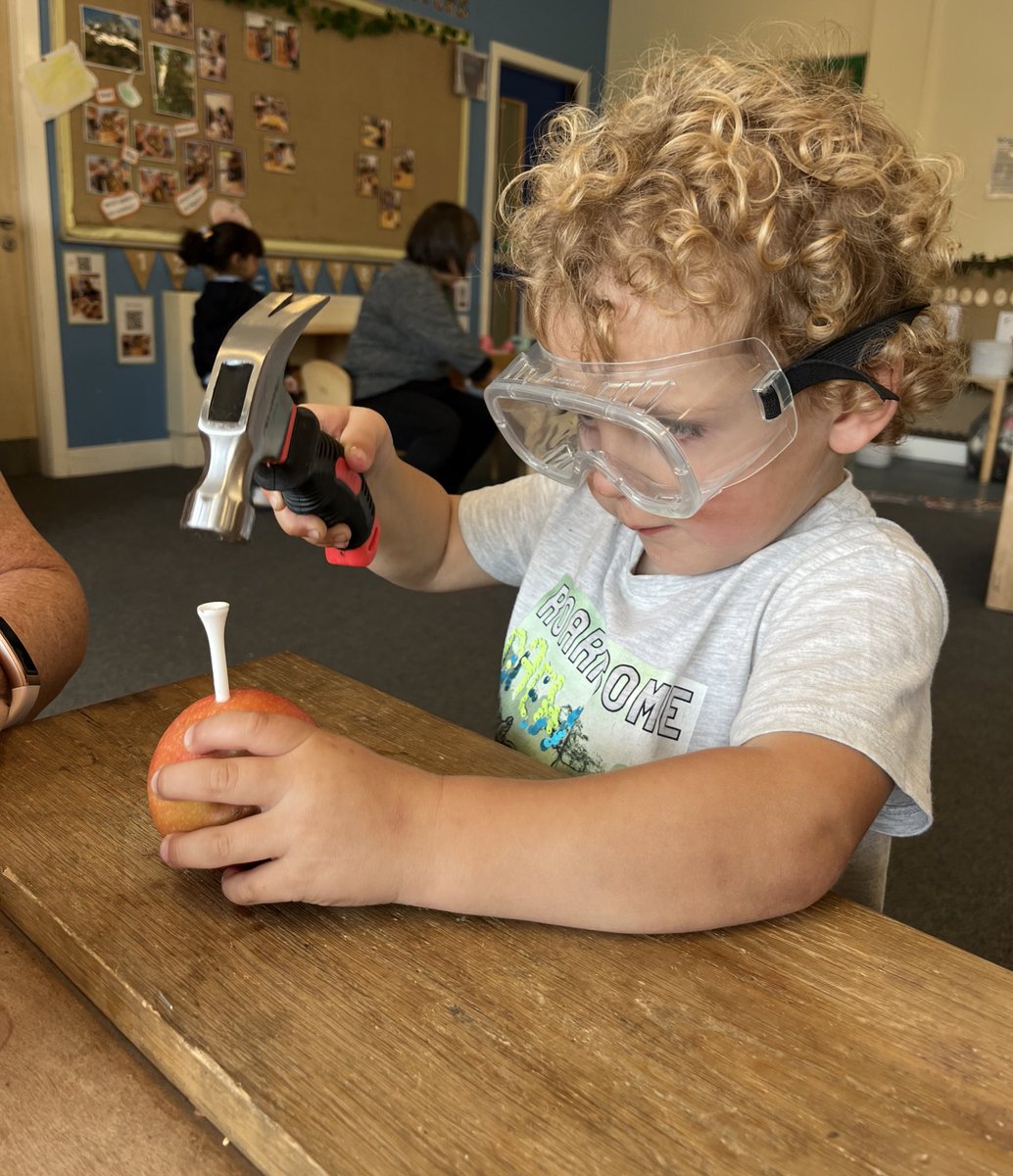 NurserySimpson's tweet photo. Today we were exploring how to stay safe at our woodwork bench whilst using hammers. To help us practice we started by using apples and golf tees, counting how many holes we could make in each apple ππ¨#safesally #woodwork https://t.co/Mnq0yJgQch