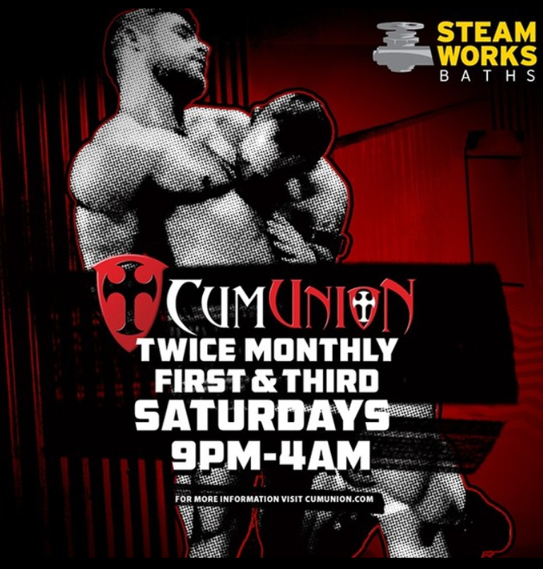 Mark your calendars...cumming this weekend:

Sept 16:  Friday Night at the Baths w/DJ <a href="/jimijaxon/">Jimi Jaxon</a> 
Sept 17:  <a href="/CumUnion/">CumUnion</a> w/DJ <a href="/derekpavone/">Derek Pavone</a>