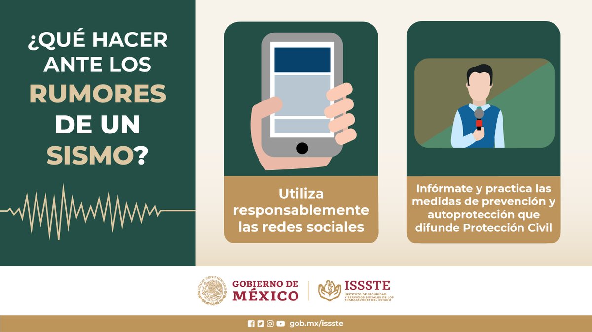 ISSSTE_mx's tweet photo. Recuerda que no se sabe cuándo ocurrirá un #Sismo, así que, antes o después de uno, no hagas caso de rumores ni los propagues.
Mira qué debes hacer: 👇
Participa en #SimulacroNacional2022 🚨📢
🗓️ 19 de septiembre
⏰ 12:19 h. (centro del país)
#ProtecciónCivil 🦺 https://t.co/tJwWohegj5