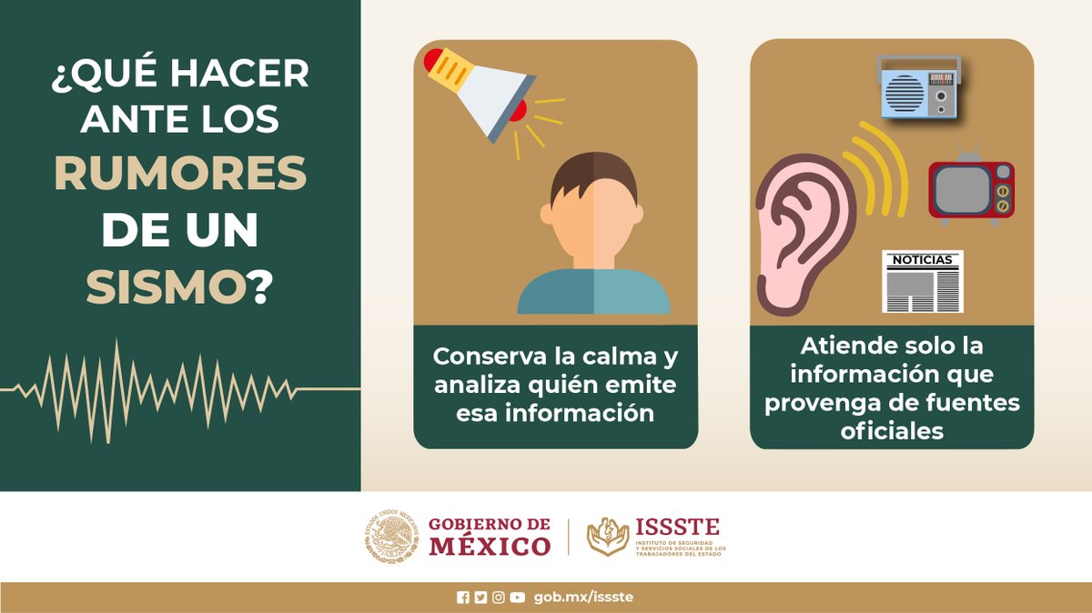 ISSSTE_mx's tweet photo. Recuerda que no se sabe cuándo ocurrirá un #Sismo, así que, antes o después de uno, no hagas caso de rumores ni los propagues.
Mira qué debes hacer: 👇
Participa en #SimulacroNacional2022 🚨📢
🗓️ 19 de septiembre
⏰ 12:19 h. (centro del país)
#ProtecciónCivil 🦺 https://t.co/tJwWohegj5