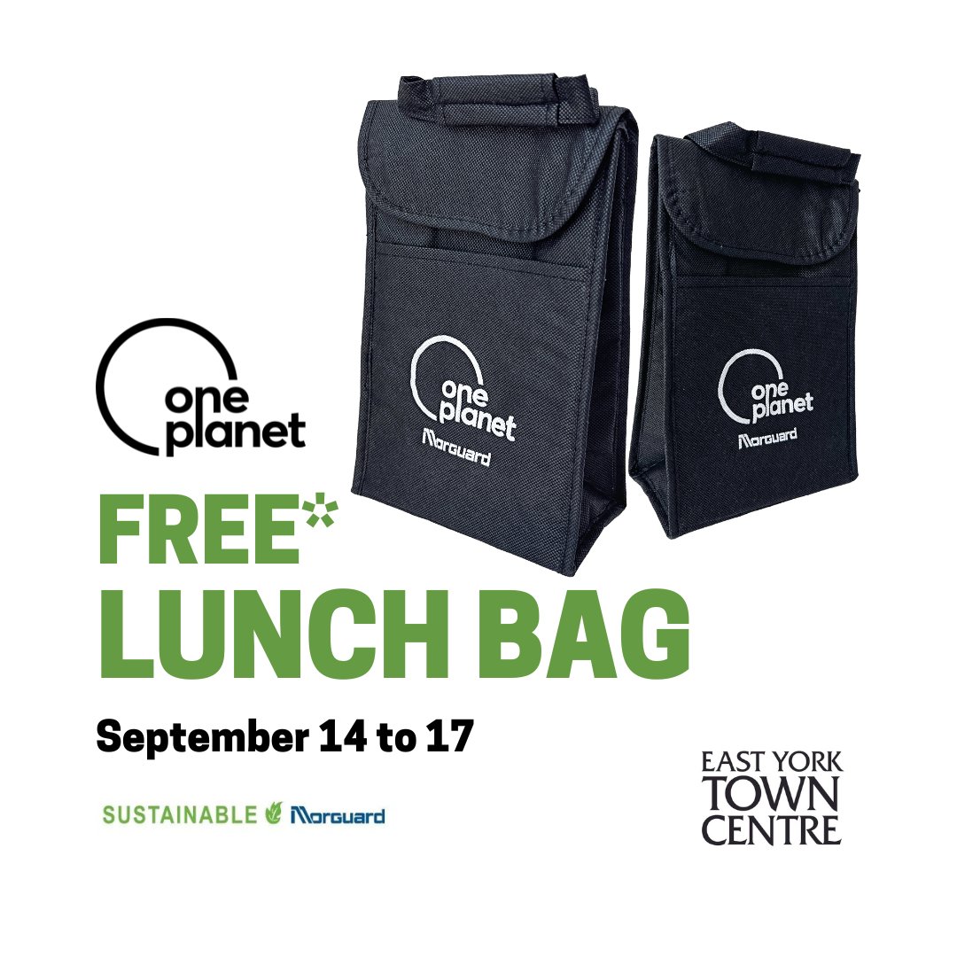 Visit East York Town Centre and get a FREE* lunch bag when you purchase $10** or more in the Food Court. Promo runs September 14-17 during lunch hours. *while supplies last, some conditions apply. #eastyorktowncentre #oneplanet