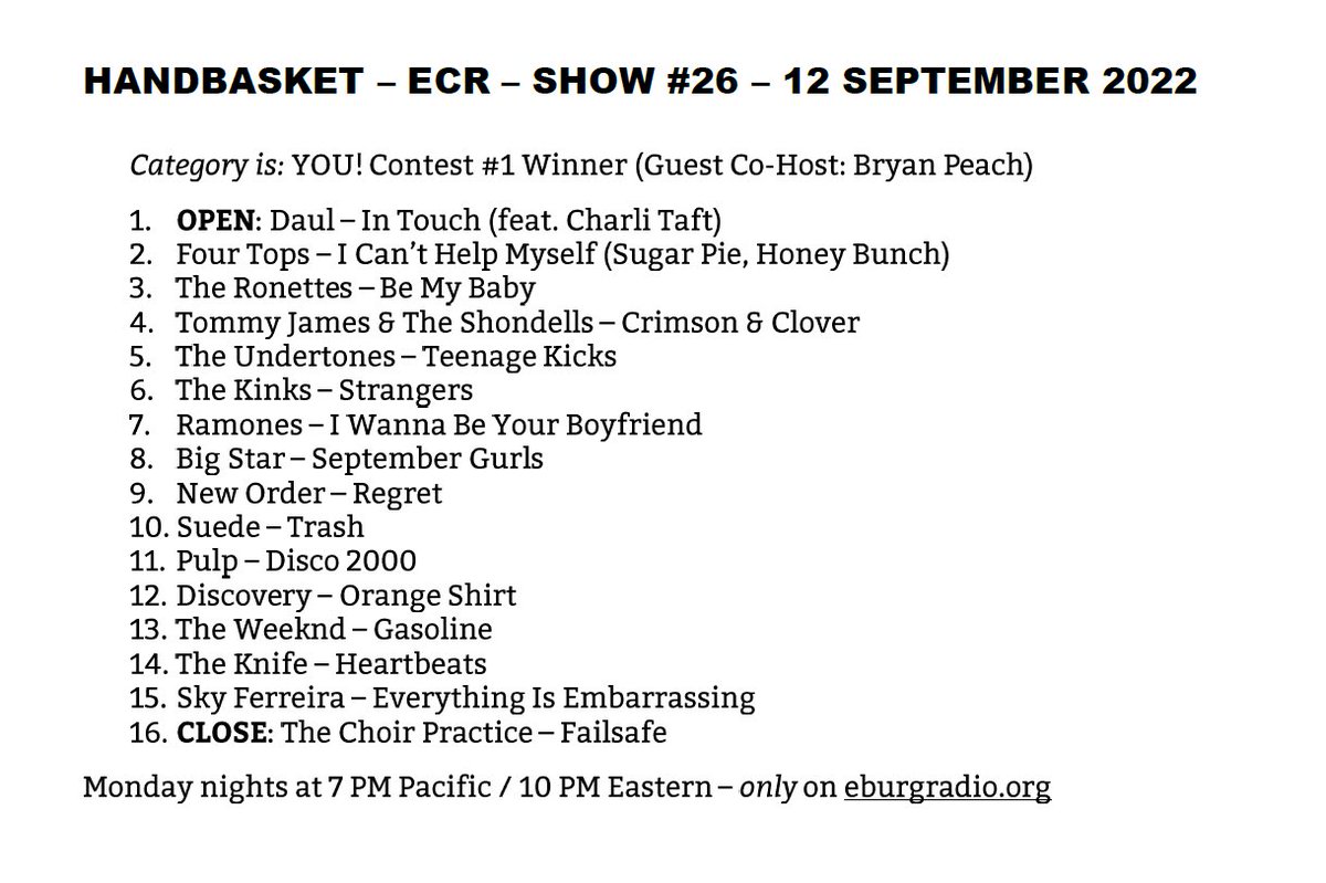 handbasketzine's tweet photo. Which song from @bryanpeach’s show last night is your favorite?

Handbasket — Every Monday at 7 PM Pacific, exclusively on @eburgradio 🧺🔥 https://t.co/MBsEOxCxS6