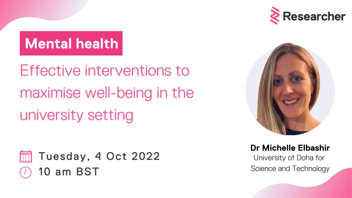ResearcherApp's tweet photo. How to establish the most effective interventions to improve physical and #mentalhealth and #wellbeing in the student population?

Join Dr Michelle Elbashir (@MichelleElbash1), @UDSTOFFICIAL, to discuss the topic.

Register for free. See you there! 👋
➡️https://t.co/0p31FU48Ea https://t.co/Iqt2XGejPt