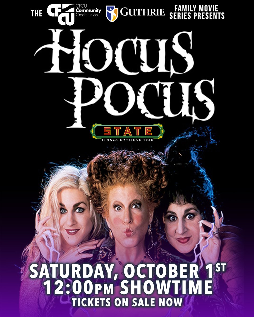 It's just a bunch of Hocus Pocus! 
*** JUST ANNOUNCED ***
The @my_CFCU  and <a href="/GuthrieClinic/">Guthrie</a> Family Movie Series Presents: 
Hocus Pocus
Saturday, October 1st, 2022
12:00pm Showtime! #ticketsonsaleNOW