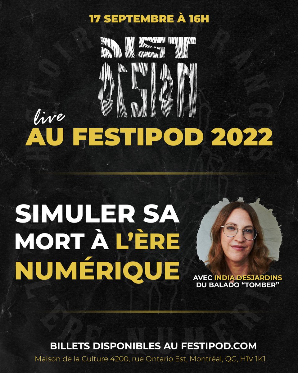👉 C'est CE samedi 16h à la Maison de la culture Maisonneuve. On sera LIVE au <a href="/FestiPod/">FestiPod</a> pour discuter de comment SIMULER SA MORT À L'ÈRE NUMÉRIQUE avec nulle autre qu'<a href="/Indiadesjardins/">India Desjardins</a> du 🎧 balado "TOMBER". Il reste encore quelques billets ttps://festipod.com/billets/