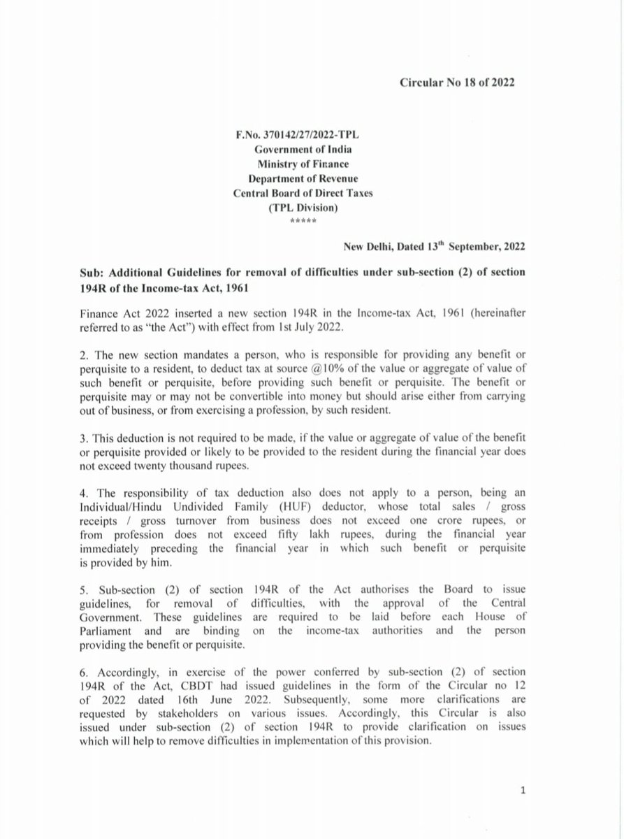 Ravel_LLP's tweet photo. CBDT issues Circular No. 18 dt 13/09/2022 containing additional guidelines to remove difficulties wrt Section 194R, which came into effect from 1st July, 2022. This Circular is in continuation of Circular No. 12 issued earlier on 16/06/2022.
#incometax #ravelllp https://t.co/8T1yr52SIt