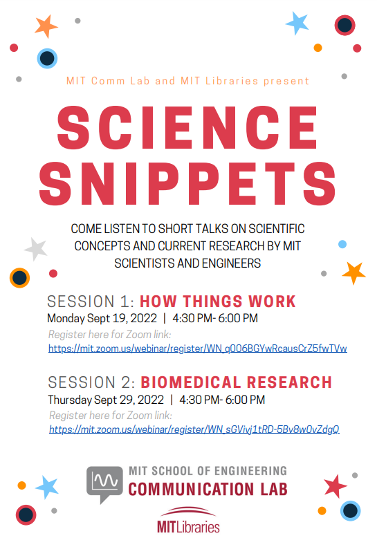 DMthechemist's tweet photo. Want to hear some cool #scicomm sponsored by @MITCommLab and @mitlibraries? 

Science Snippets talks are FREE, ONLINE, and OPEN TO THE PUBLIC!

Register here: 
How Things Work, Mon 9/19: https://t.co/qBmyDnGgWN
Biomedical Research, Thurs 9/29:
https://t.co/lalYXDgbAa https://t.co/0LWPP9AV6T
