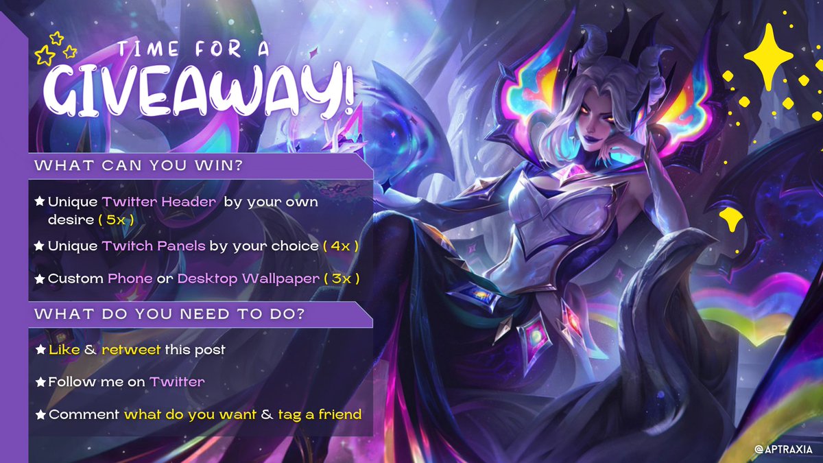 You heard it right - it is time for a GIVEAWAY! 🥳 I will be rewarding 12 people of which 5 with Twitter Header, 4 with Twitch Panels &amp; 3 with Custom Wallpaper! Winners will be drawn on the 20th of September! I wish you guys good luck &amp; thank you for supporting me! ✨💗