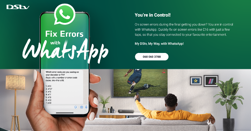 DStv's tweet photo. Fix on-screen error codes. Take your favourite series, movies, and sport on holiday. Reconnect in a few minutes. Win amazing Rewards. Do DStv YOUR way via WhatsApp with just a few taps.