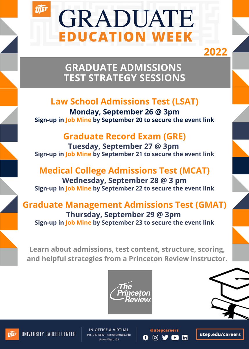 UTEPPsychology's tweet photo. Interested in going to graduate school? Don't miss out on these upcoming workshops, hosted by the UTEP Graduate School for #GraduateEducationWeek! https://t.co/HipowvQcLZ