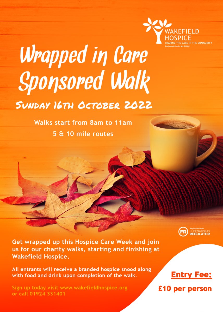 WfldHospice's tweet photo. We are delighted to share the news that our #WrappedinCare Sponsored Walk event is returning for 2022! 🥳🍂
Join us on Sunday 16th October as we mark #HospiceCareWeek, with 5 and 10 mile routes available starting and finishing at Wakefield Hospice.
https://t.co/IKximJaIA7 https://t.co/yuMPmuD7Pw