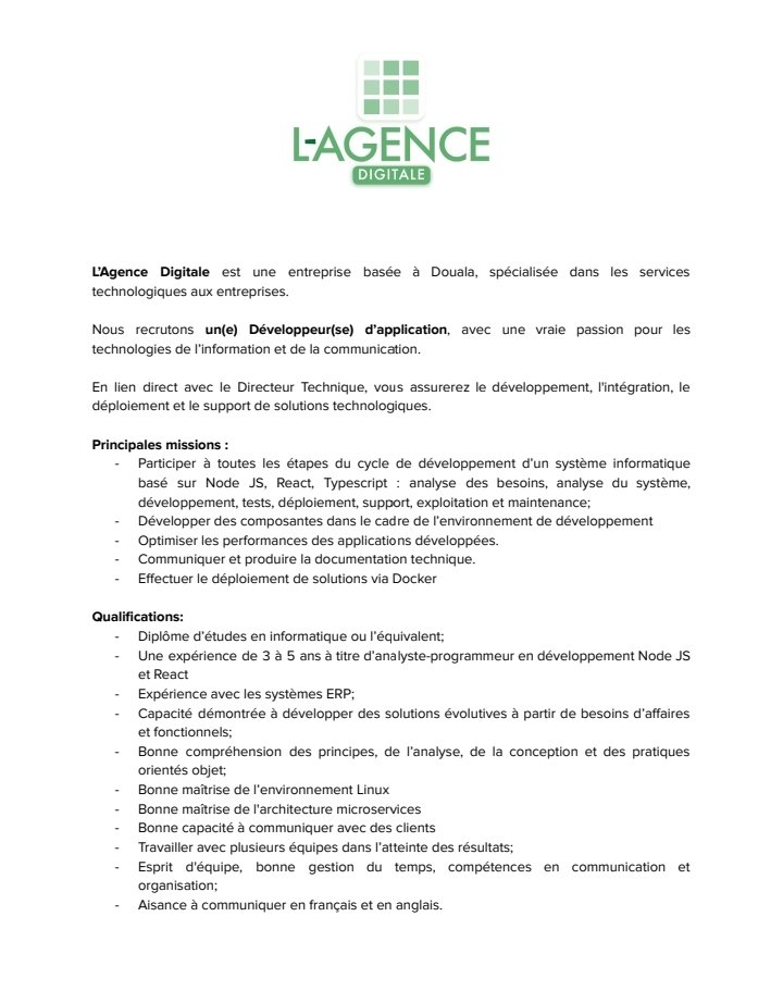 MrDigitalAfrica's tweet photo. Hello,
Mes amis de L'Agence Digitale recrutent un(e) développeur d'application mobile.
Poste basé à Douala.
Cc @STDIGITAL_corp https://t.co/51j5KL9QGE