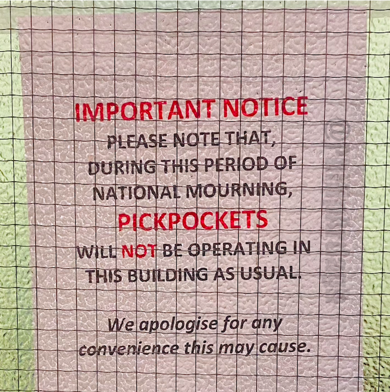 PhilipArdagh's tweet photo. Oh, the convenience of not being pickpocketed. You spoil us, Your Majesty... #RoyalFuneral #QueensCoffin #BankHolidayMonday #MarkOfRespect #Pickpockets https://t.co/GRzFu8mLWn