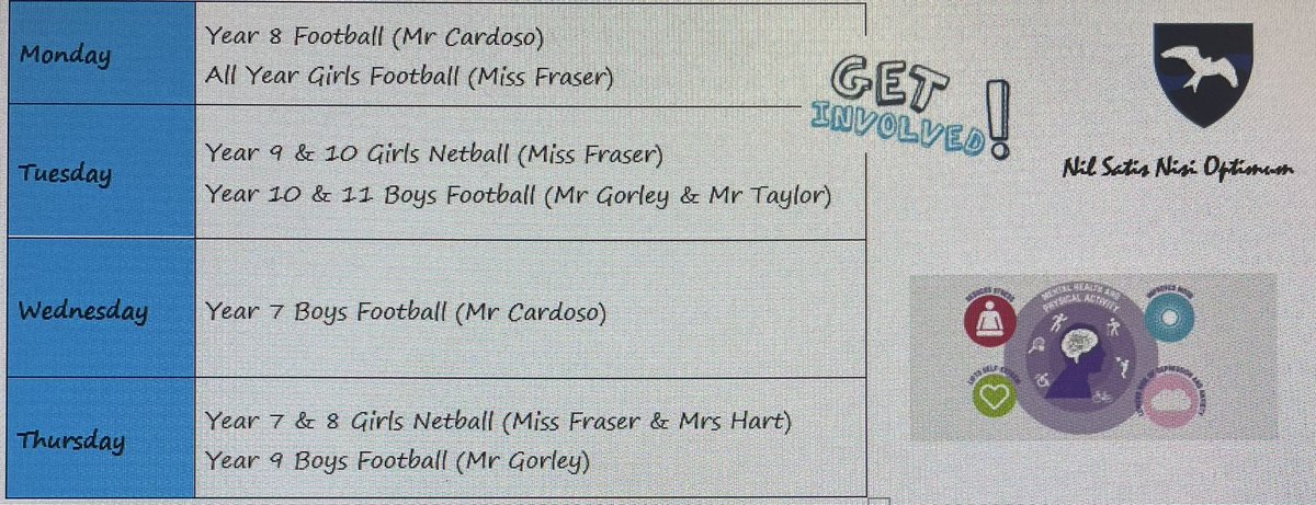 Our PE clubs start tomorrow after-school. Speak to PE teachers for more information! #getinvolved