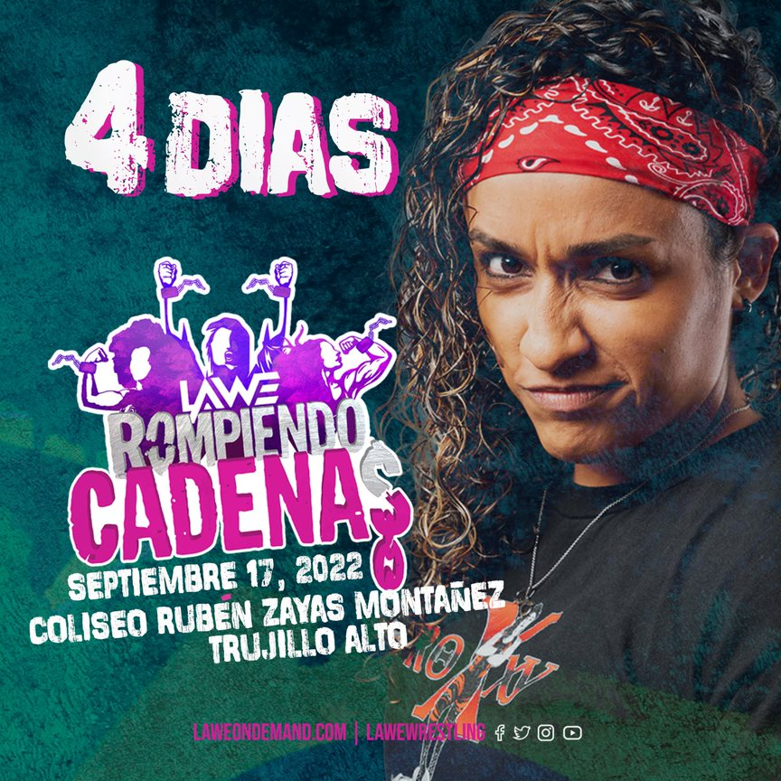LAWEWRESTLING's tweet photo. 🔥 A SÓLO 4 DÍAS para ser testigos de la HISTORIA y la gran coronación. 🔥
¿Ya tienes tus boletos? 
¿Quién de las 8 competidoras será la Primera Campeona Femenina de LAWE? 🌎🏆
ADQUIERE TU BOLETO entrando a https://t.co/EB076LLuj0 
#LAWEWRESTLING #TodosSomosLucha https://t.co/Os4Y1bHy1U