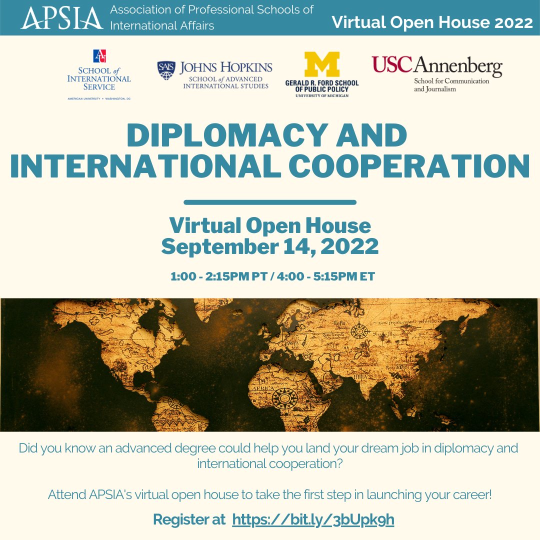apsiainfo's tweet photo. APSIA alumni work for peace, expand trade, counsel governments, &amp; much more.

 What will YOU do with an APSIA degree? 

Find out at one of our events this fall, incl
Sept 14: Diplomacy &amp; Intl Cooperation
Sept 20: #Russia Relations
Sept 29: #GradSchoolFair

https://t.co/akaG4LpPOd https://t.co/Rrj26XSK5b