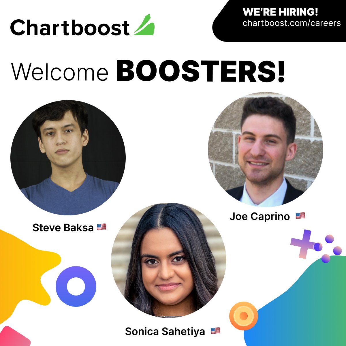 Chartboost's tweet image. 📈💪🏃 Better, stronger, faster. Together, we can build the technology. Welcome to our three newest #engineering hires: Steve, Sonica, and Joe. 

World-class team. Deft problem solvers. Bionic squad.

#nowhiring

chartboost.com/careers/