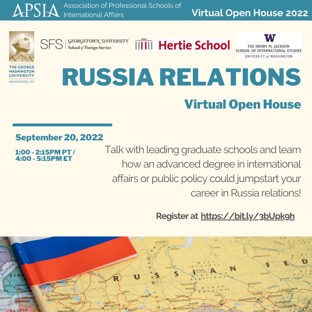 apsiainfo's tweet photo. APSIA alumni work for peace, expand trade, counsel governments, &amp; much more.

 What will YOU do with an APSIA degree? 

Find out at one of our events this fall, incl
Sept 14: Diplomacy &amp; Intl Cooperation
Sept 20: #Russia Relations
Sept 29: #GradSchoolFair

https://t.co/akaG4LpPOd https://t.co/Rrj26XSK5b