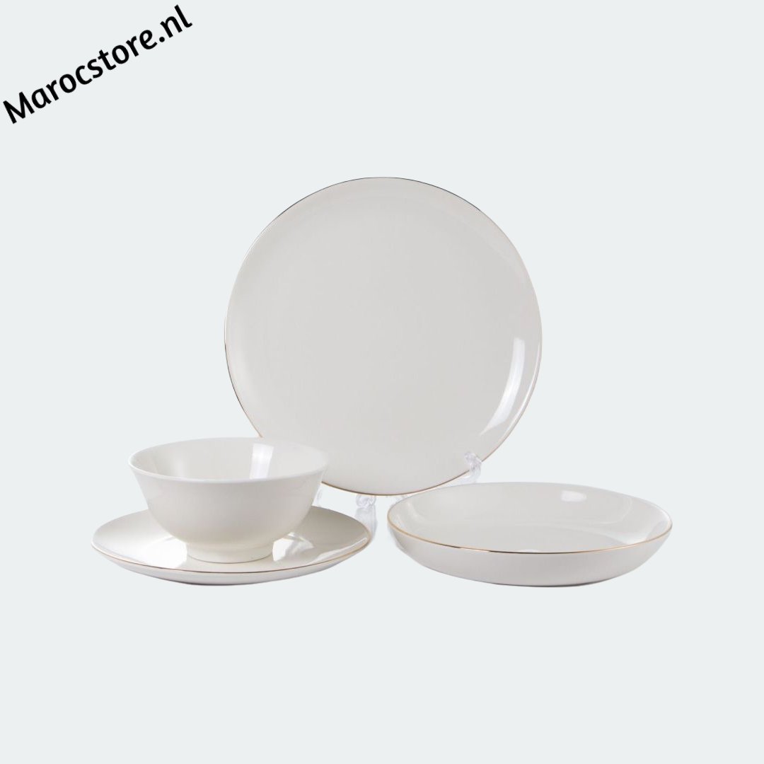 Lekker met z´n allen aan tafel smullen en dat nog eens in stijl doen? Dan zit u bij ons goed.
Deze set bevat: 
◾ 6 stuks (Ø)= 16 cm Soepkommen
◾ 6 stuks (Ø)= 22 cm diepe borden
◾ 6 stuks (Ø)= 22 cm ontbijtborden
◾ 6 stuks (Ø)= 27 cm dinerborden
marocstore.nl/shop/catalogse…